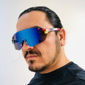 Sports Sunglasses Blue Mirror Lens Shield Beach Shades Cover Face Print Arms New